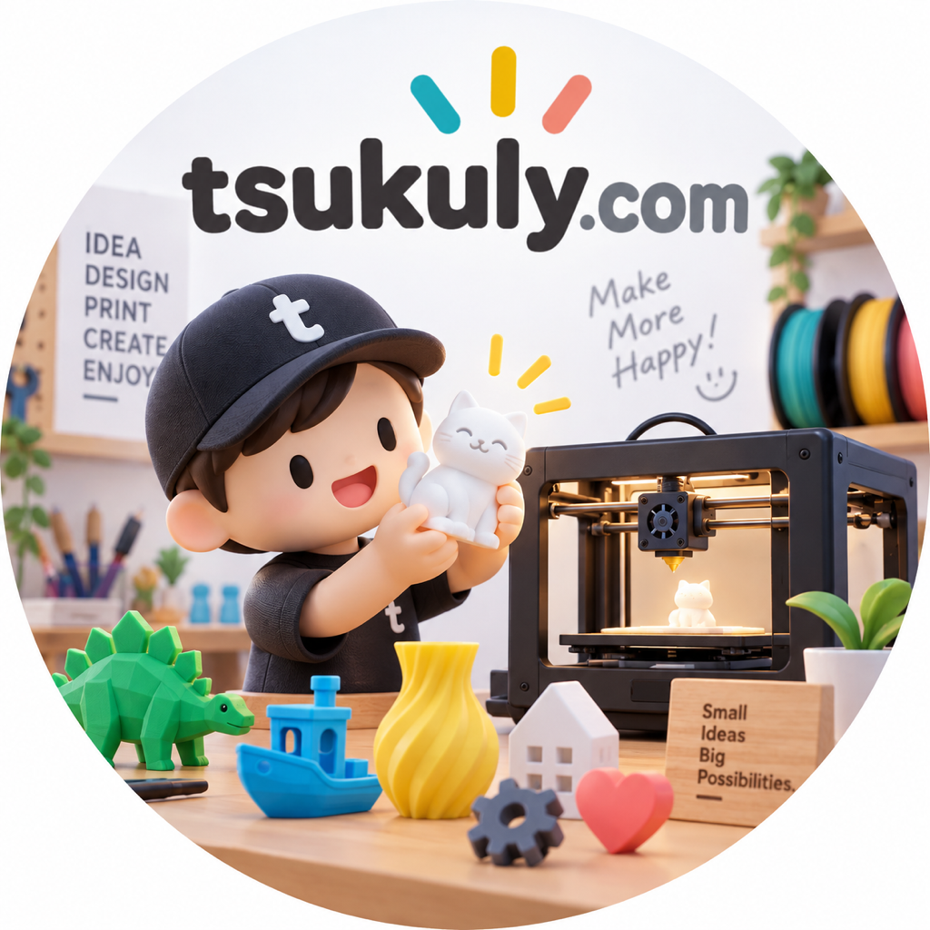 キャップをかぶったキャラクターが3Dプリンターの前で白い猫のフィギュアを掲げている。周りにはカラフルなプリント作品と tsukuly.com のロゴ。